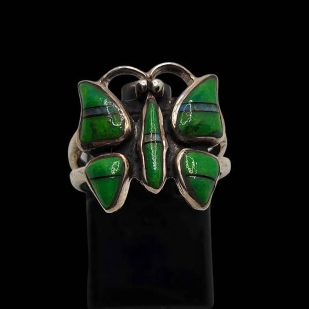 Sterling Silver Green Turquoise Inlay Butterfly Statement Ring Size 5.5 Native